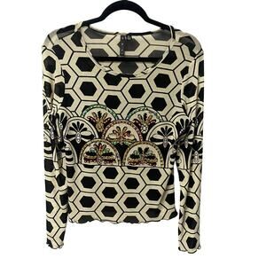 Y2K AZI Jeans Cream Black Mesh Long Sleeve Sequin Embellished Top Womens XL